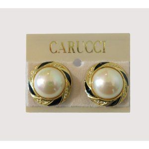 Vintage 1980s Carucci Pierced Earrings Faux Pearl Crystals Black Goldtone